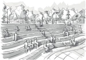 Hand drawn black and white landscape architecture